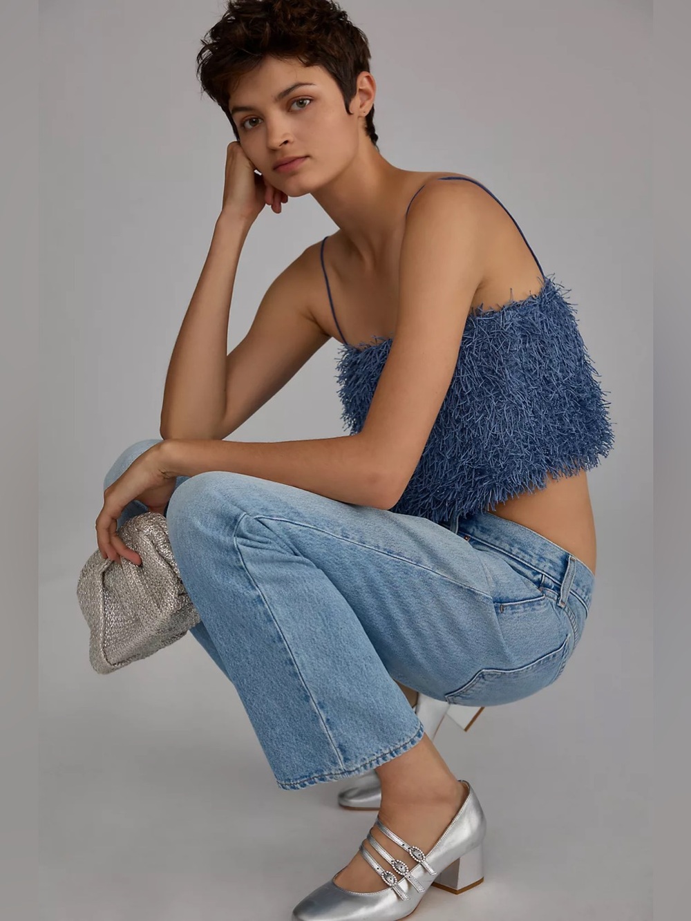 Anthropologie Sunday in Brooklyn Cami Feathered Tank Top L Lined Fringe Blue NWT